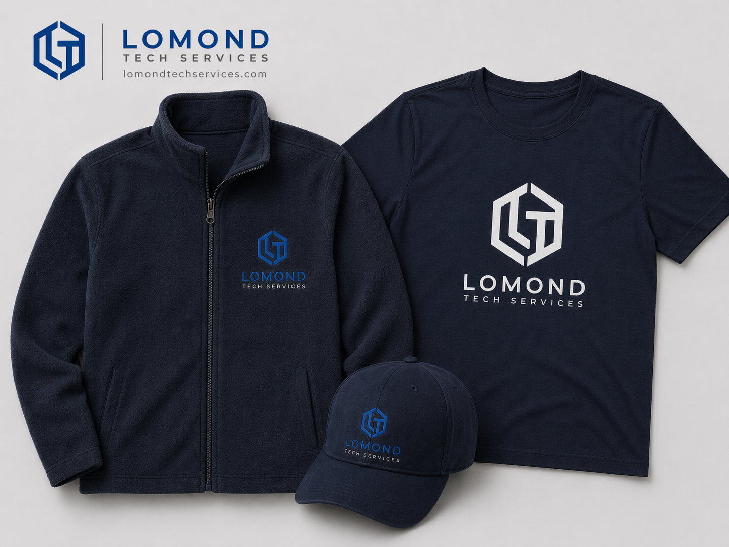 Lomond Tech Services branded apparel with logo applications across jacket, T-shirt, and cap.