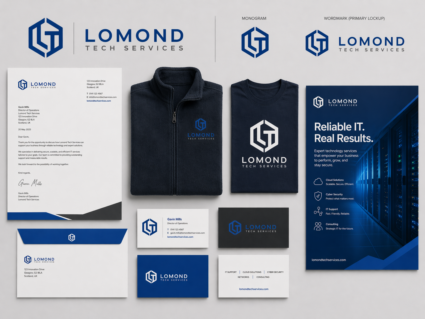 Lomond Tech Services brand overview showing the logo system, stationery, apparel, and printed rollout pieces.