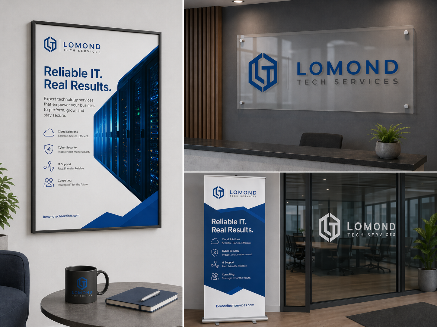 Lomond Tech Services signage and environmental branding shown across poster, office sign, banner, and window application mockups.