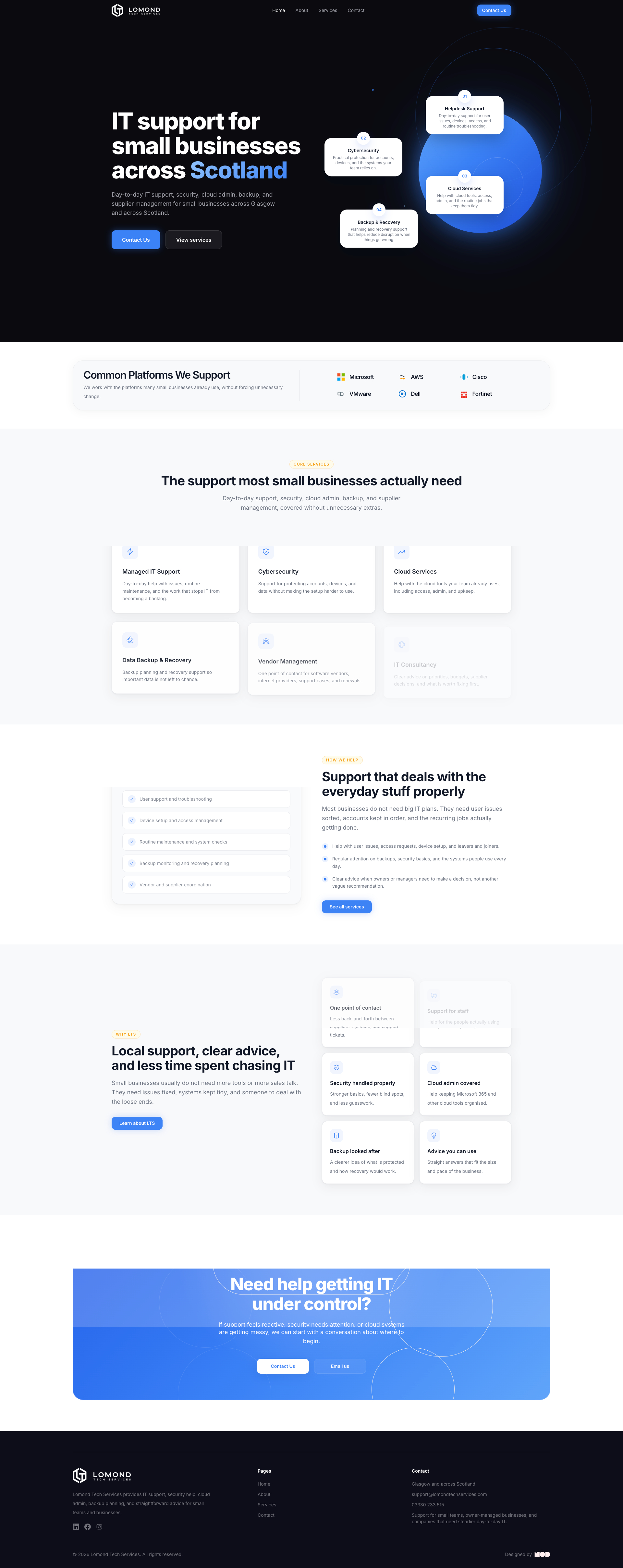 Lomond Tech Services website homepage with dark hero layout, bright blue glow, and managed IT support messaging.