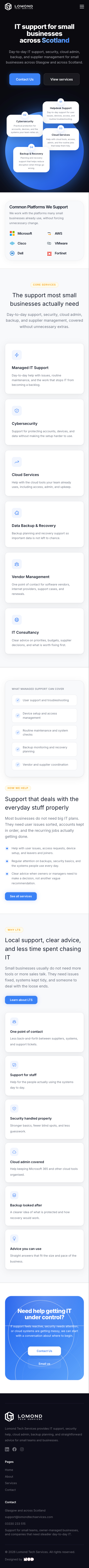 Lomond Tech Services mobile website view showing the homepage and service sections in a stacked phone layout.