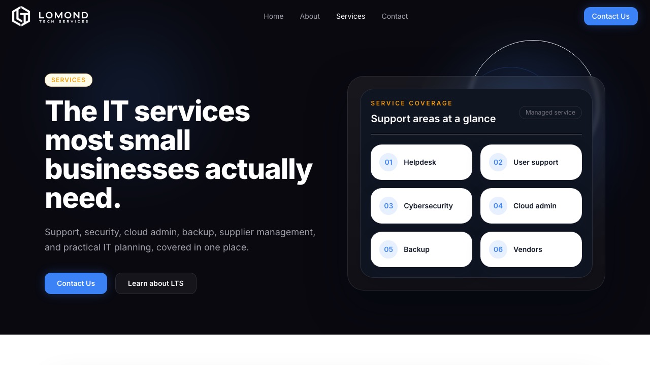Lomond Tech Services services page with service coverage modules and clearer breakdown of support areas.