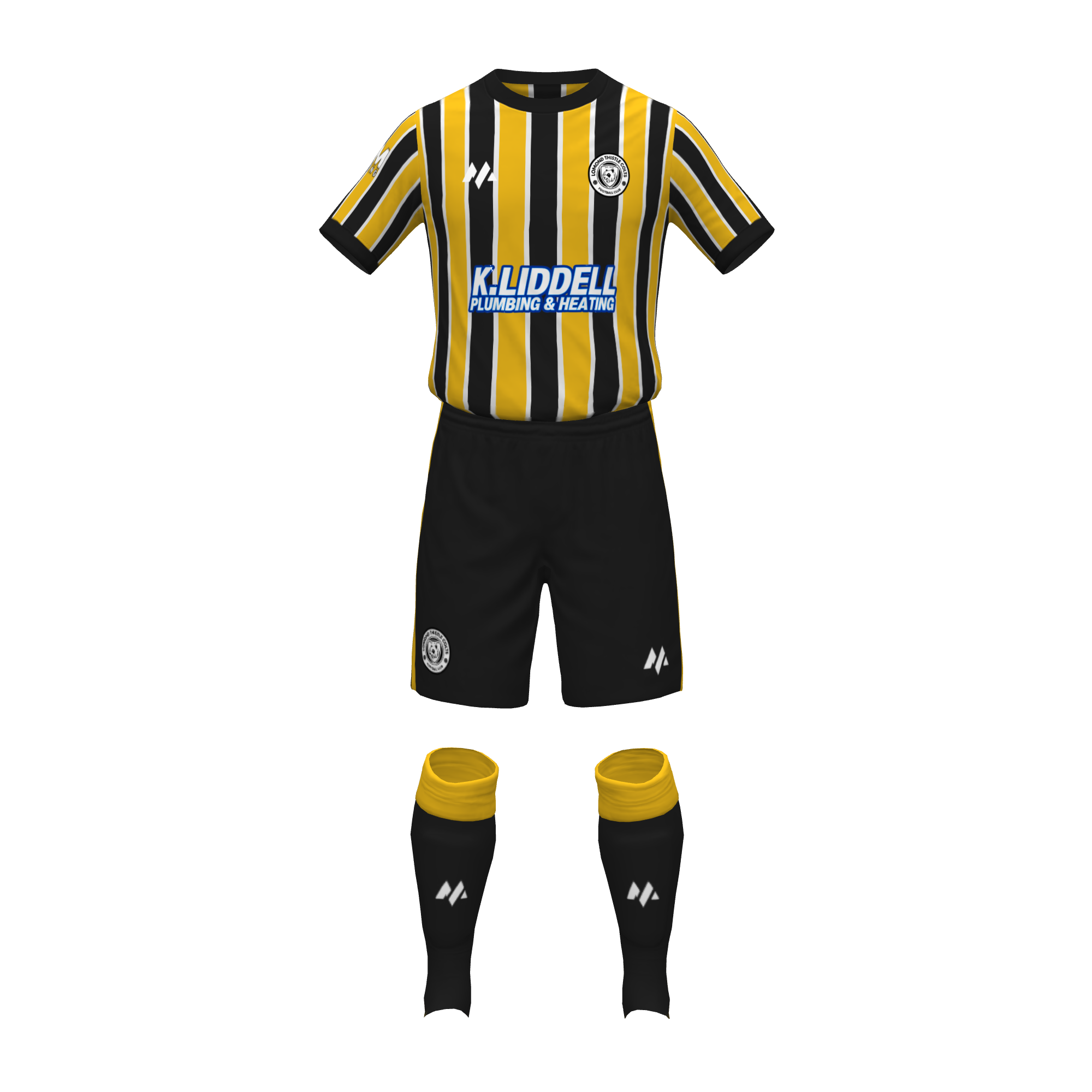 Lomond Thistle Colts home kit mockup with yellow, black, and white stripes.