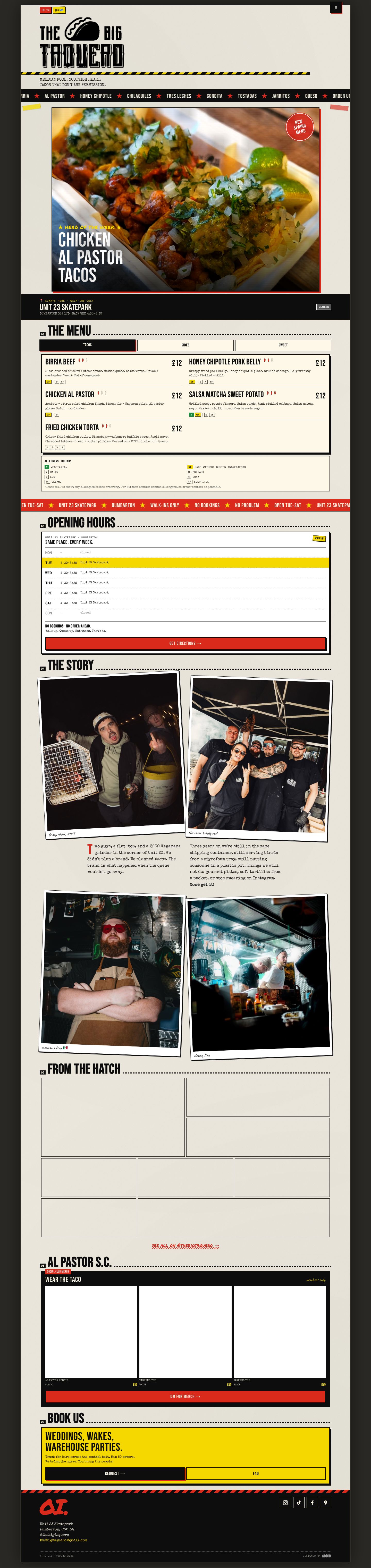 The Big Taquero desktop website with the logo, menu-led hero, opening strip, and bold street-food styling.