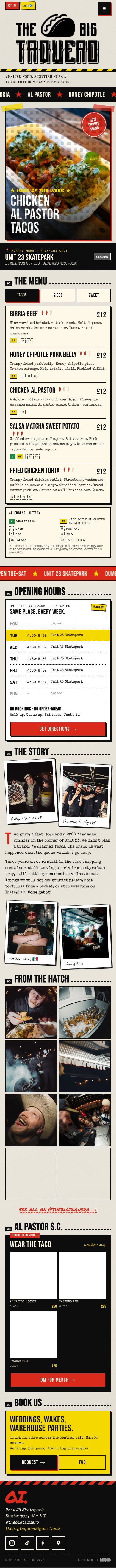 The Big Taquero mobile website showing the stacked logo, taco hero image, live opening strip, and menu section.